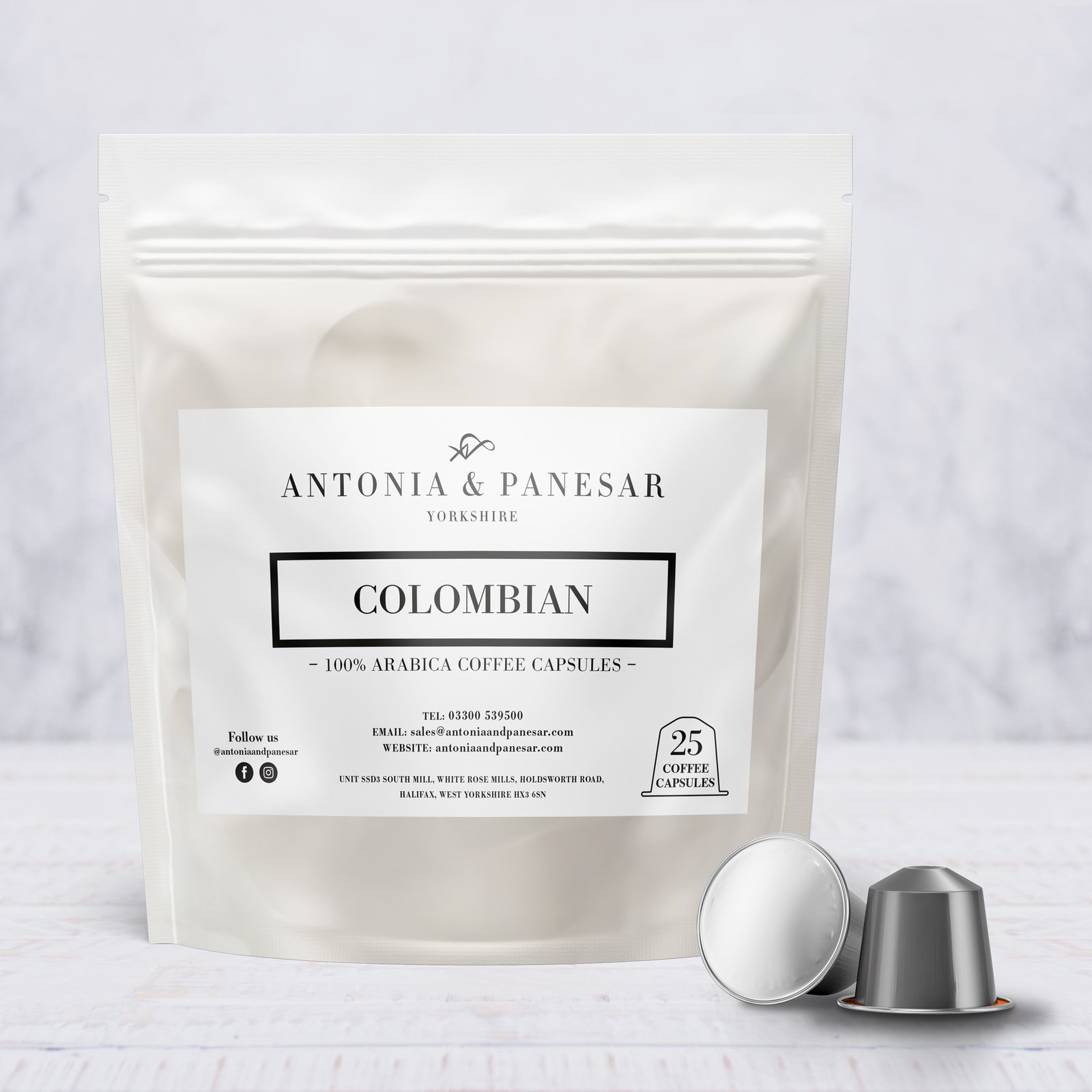 Antonia & Panesar 25 Colombian N'espresso Compatible Coffee Pods in white pouch